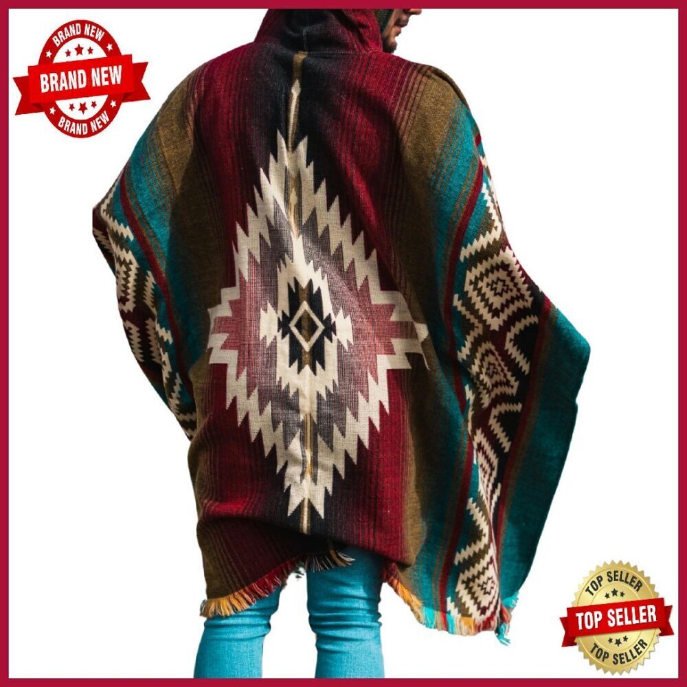 Handmade Alpaca Wool Poncho Hooded Oversized Mens Outerwear - Picture 1 of 8